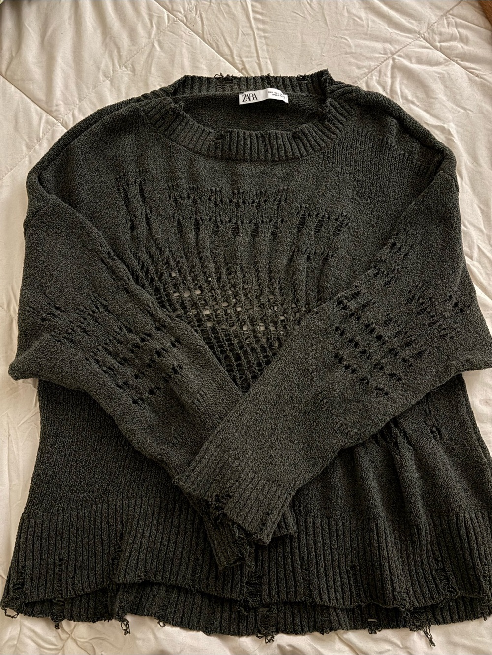 Zara Oversized Olive Green Distressed Knit Sweater